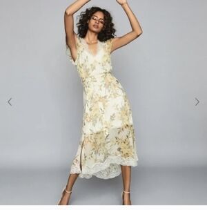 Reiss Emlin Floral Printed MIDI‎ Dress Ivory Yellow Fairy Cottage Lace NWOT